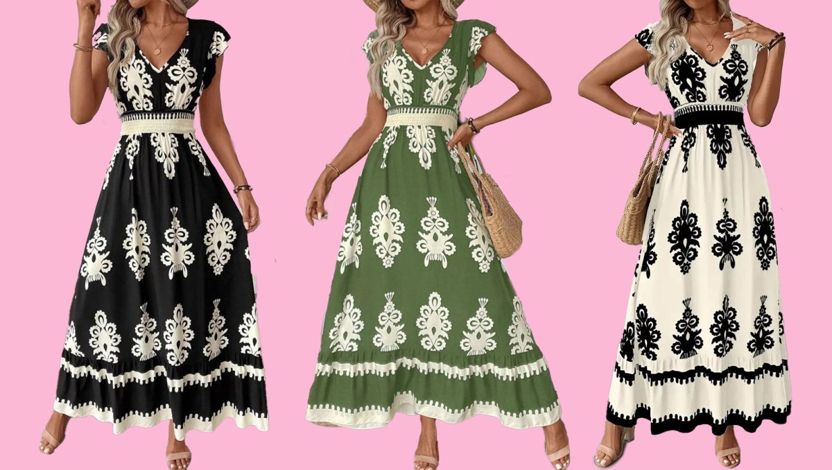 Printed V-Neck Ruffled Cap Sleeve Dress