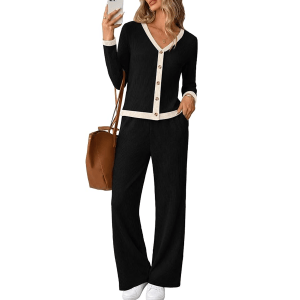 WIHOLL Women's 2 Piece Button Front Loungewear