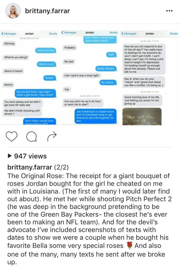 Jordan Rodgers Ex Posts Texts She Claims Prove He Cheated