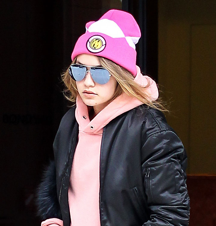 Gigi Hadid Wears Pink Power Ranger Beanie Street Style