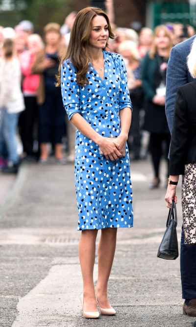 Kate Middleton Flashes Legs in Blue Printed Slit Dress | Us Weekly