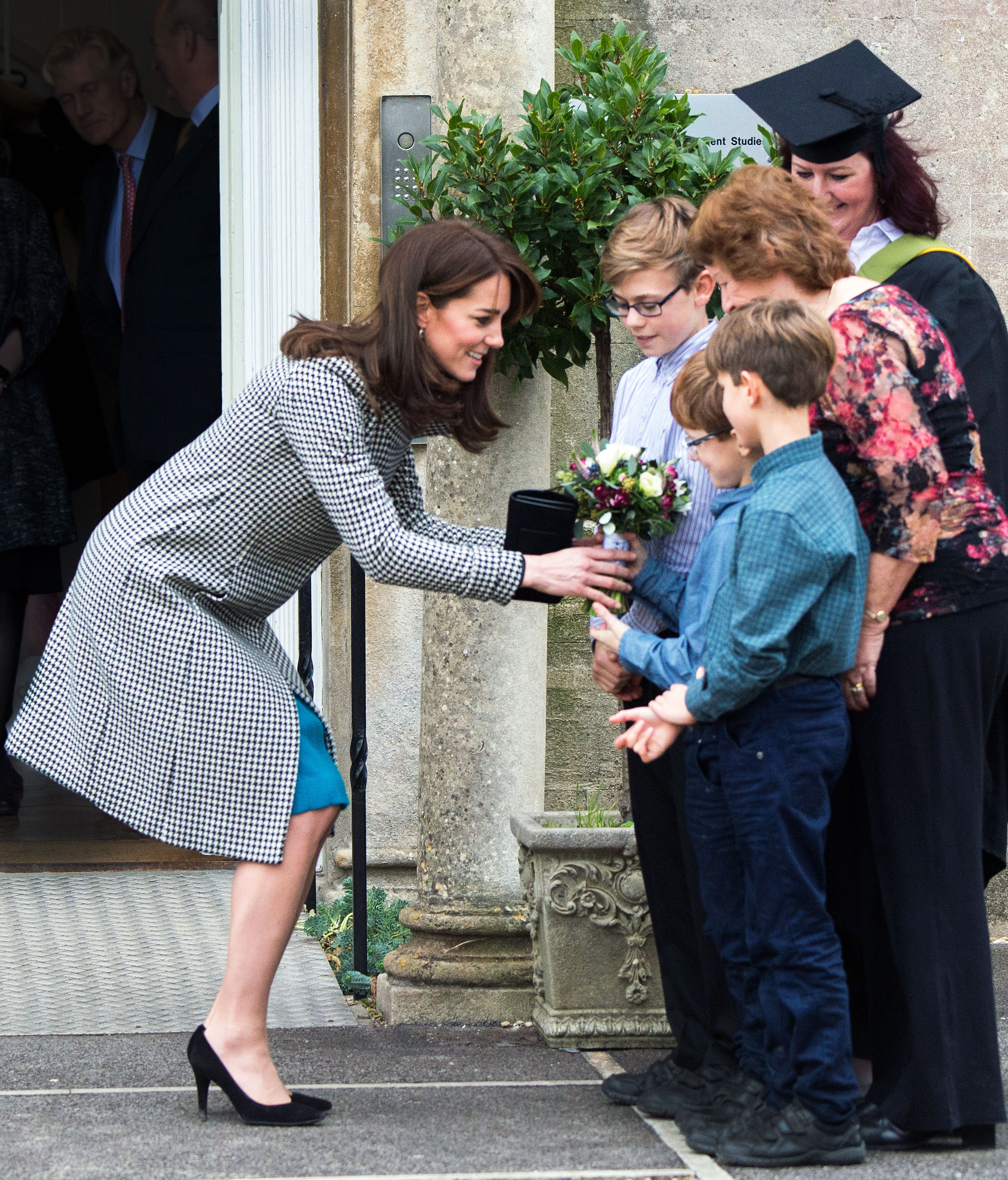 Kate Middleton Works Recycled Teal Dress, Houndstooth Coat