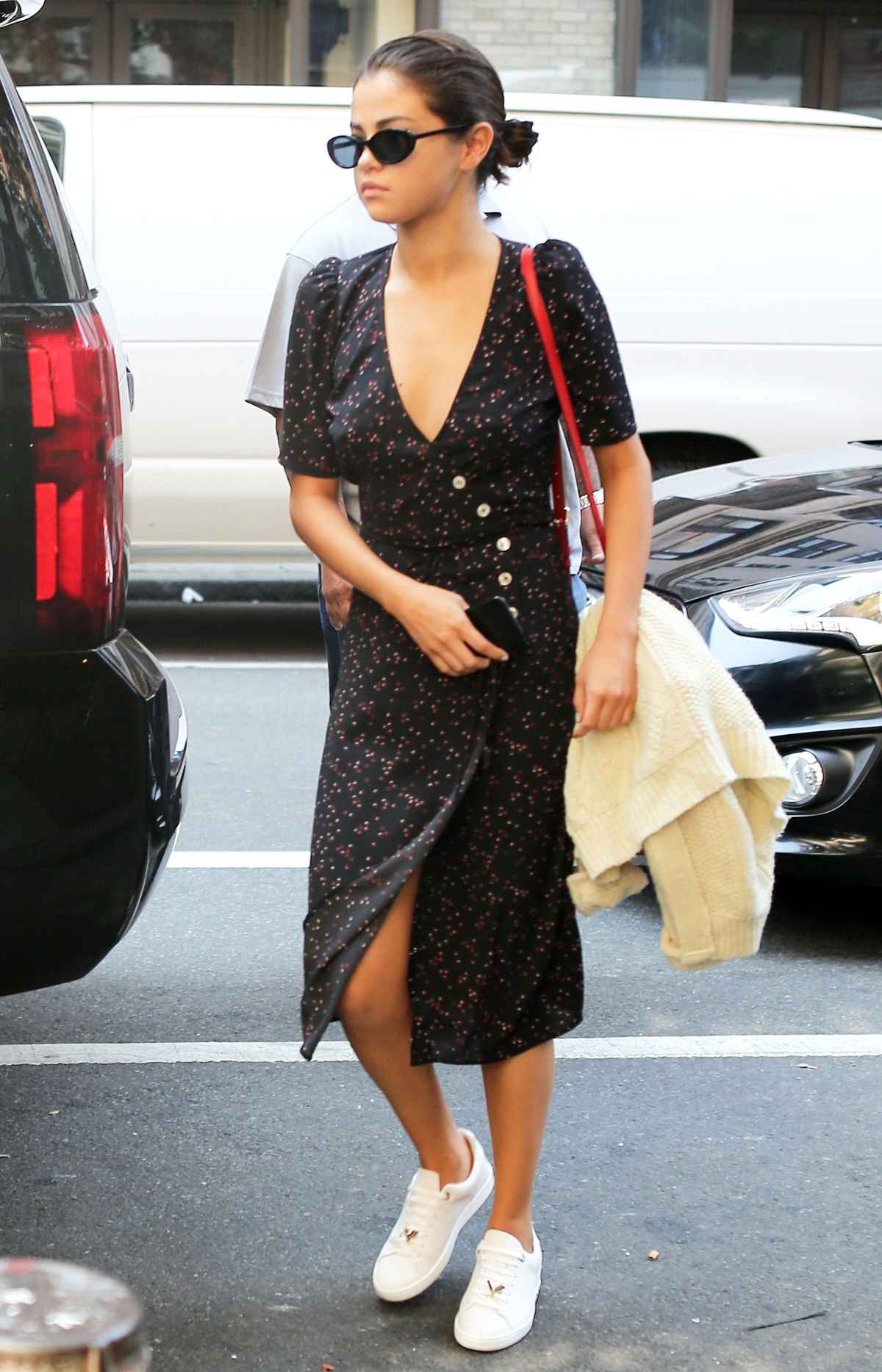 Selena Gomez Wears White Louis Vuitton Sneakers With Rouje Dress – Footwear  News
