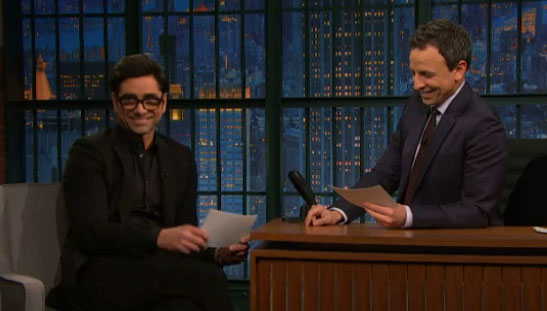 Dove Cameron Porn Glasses - John Stamos Helps Seth Meyers Read Awful 'Fuller House' Reviews