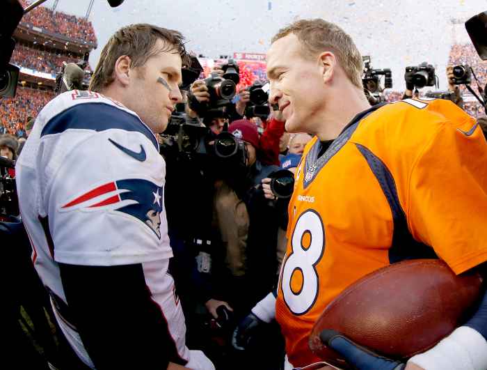 New England Patriots quarterback Tom Brady (12) shakes hands with Denver  Broncos quarterback Peyton Manning (18)